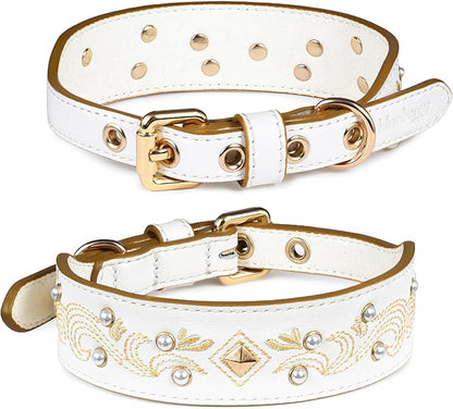 Blueberry Pet Western Genuine Leather Dog Collar for Small Breeds, Pearl White - Floral Embroidery, Pearl Studs, Adjustable 12-15 Inch Neck