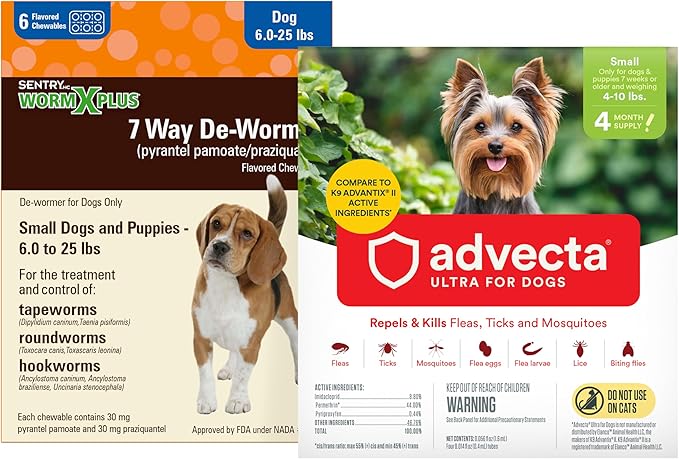 Worm X Plus 7 Way DeWormer for Small Dogs 6-25 lbs (6 Count) + ADVECTA Flea and Tick Prevention for Small Dogs 4-10 lbs (4 Count) Bundle