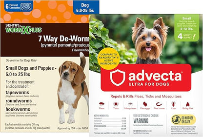 Worm X Plus 7 Way DeWormer for Small Dogs 6-25 lbs (6 Count) + ADVECTA Flea and Tick Prevention for Small Dogs 4-10 lbs (4 Count) Bundle