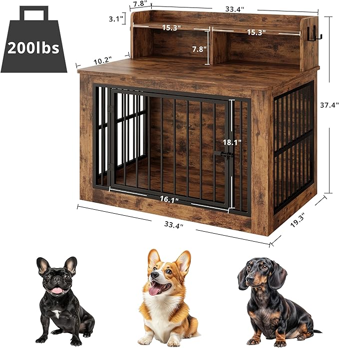 IRONCK Dog Crate Furniture, 33.4 inches Wooden Small Dog Crate with Storage and 4 Hooks, Heavy Duty Pet Crate for Small Dog, Decorative Pet Cage for Indoor (19.3" L x 33.4" W x 37.4" H)