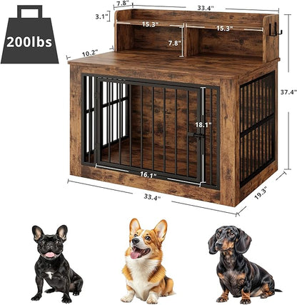 IRONCK Dog Crate Furniture, 33.4 inches Wooden Small Dog Crate with Storage and 4 Hooks, Heavy Duty Pet Crate for Small Dog, Decorative Pet Cage for Indoor (19.3" L x 33.4" W x 37.4" H)