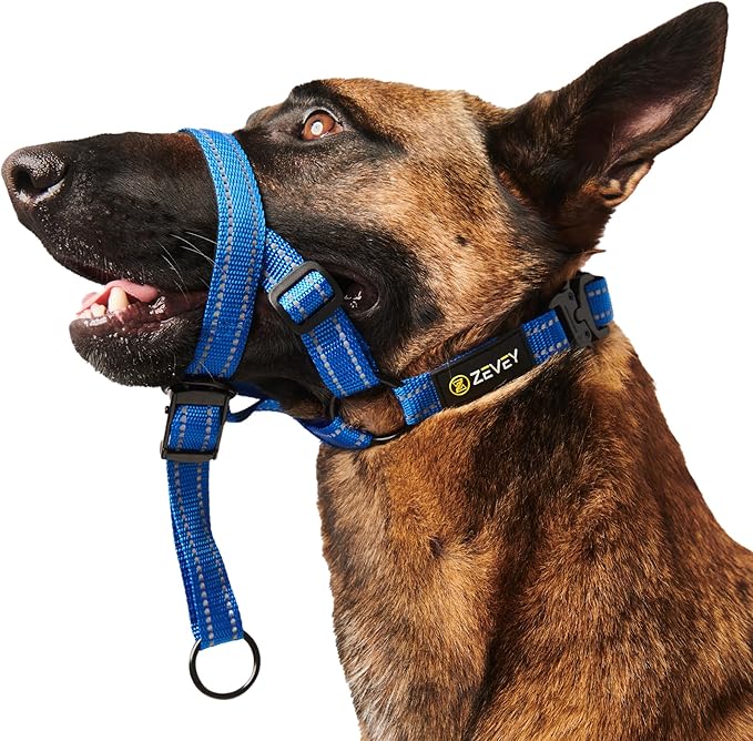 Dog Headcollar with Safety Strap Stops Heavy Pulling On The Leash Padded Reflective Head Halter for Small Medium Large Dogs Adjustable Head Harness for Training and Walking (Blue, L)