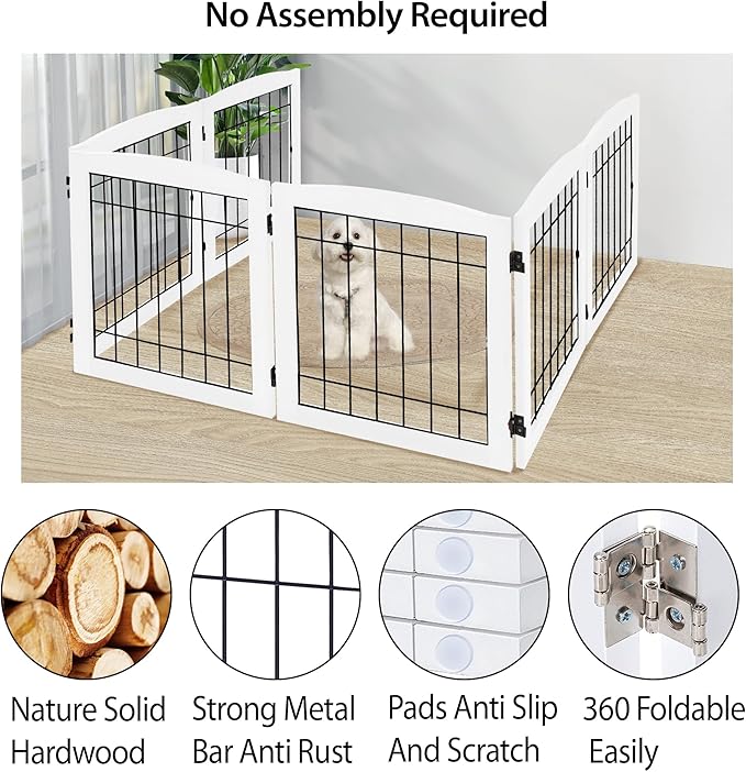 LZRS 6-Panel Extra Wide Wooden Freestanding Dog Gate: Foldable Solid Wood and Steel Wire Chew Resistant Safety Barrier for Doorways, Stairs, and Open Long Spaces Indoor Use, White