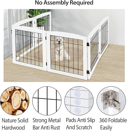 LZRS 6-Panel Extra Wide Wooden Freestanding Dog Gate: Foldable Solid Wood and Steel Wire Chew Resistant Safety Barrier for Doorways, Stairs, and Open Long Spaces Indoor Use, White