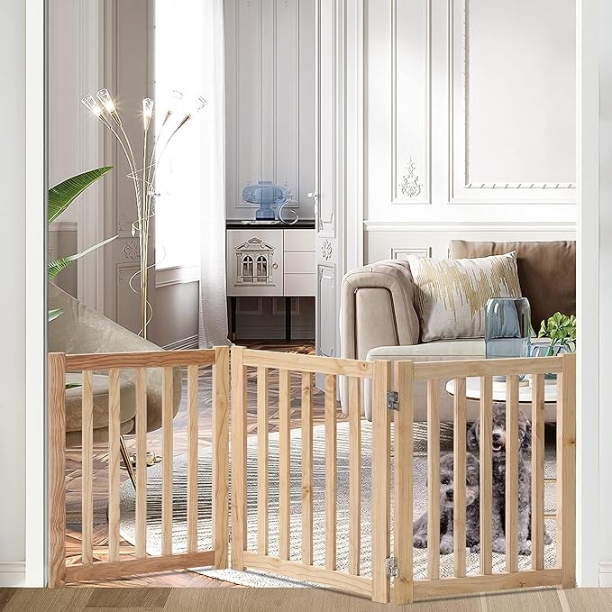 LZRS 3-Panel Wooden Free Standing Foldable Dog Gate Indoor – 24" High,Step-Over Safety Pet Gate for Doorways, Stairs, Hallways, Indoor Dog Barrier for Small to Medium Dogs & Puppies, Natural