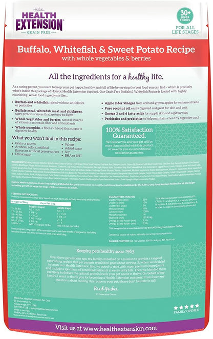 Health Extension Grain Free Buffalo & Whitefish Dry Dog Food - 30+ Superfoods and Probiotics for All Life Stages (4 lb)