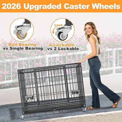 Homey Pet Large Dog Crates for Large Dogs, 47 Inch Heavy Duty Stackable Dog Cage with 2 Bowls, 4 Wheels, Double Removable Trays and Grids, Escape Proof Metal Wire Dogs Kennel Indoor