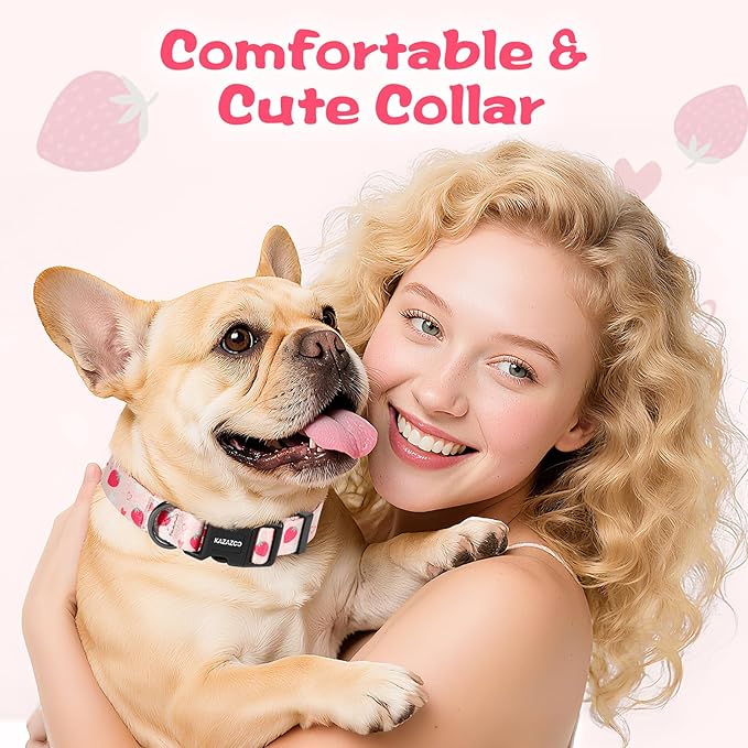 Kazazoo Dog Collar Cute and Soft Nylon Puppy Collar Girl, Adjustable Dog Collars for Small Medium Dogs, Strawberry-XS