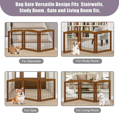 LZRS 3-Panel Freestanding Foldable Wooden Dog Gate –Solid Wood & Steel Wire Chew-Resistant Indoor Safety Pet Fence for Doorways & Stairs, Ideal for Small to Medium Dogs & Puppies, Cherry