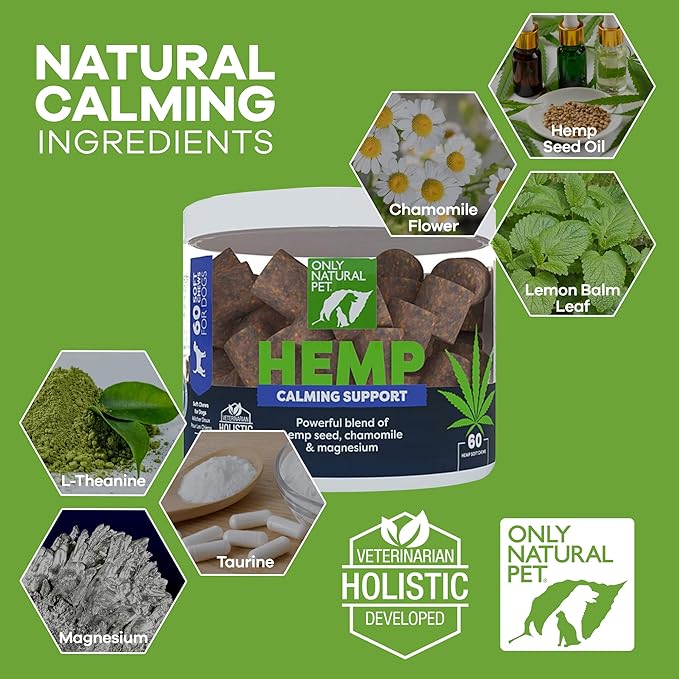 Only Natural Pet - Natural Hemp Soft Chew Bites for Dog Stress & Anxiety Relief - L-Theanine, Chamomile & Lemon Balm - Calming Chews for Dogs - 60 Count