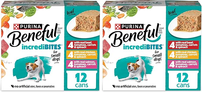 Beneful Purina Small Breed Wet Dog Food Variety Pack,IncrediBites Loaf,Chicken,Beef and Salmon Flavors - 3 oz. Cans,(Pack of 48)