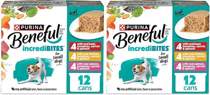 Beneful Purina Small Breed Wet Dog Food Variety Pack,IncrediBites Loaf,Chicken,Beef and Salmon Flavors - 3 oz. Cans,(Pack of 48)