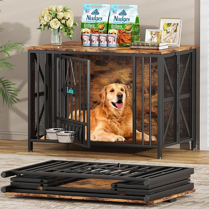 Easycom Foldable Large Dog Crate Furniture, 41.3" Assembly-Free Dog Crates for Large Dogs, Wooden Dog Kennel Indoor with Tag & Dog Bowls, Dog Cage Use as TV Stand, Rustic Brown