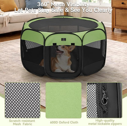 Dog Playpen for Small Dogs & Puppies, 40.55" Portable Indoor Outdoor Puppy Playpen with Bowl, Waterproof Floor, Foldable Pop-Up Pet Pen for Home, Travel & Daily Use, Green+Black