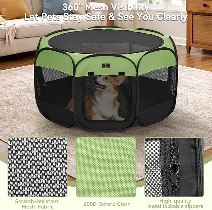 Dog Playpen for Small Dogs & Puppies, 29.92" Portable Indoor Outdoor Puppy Playpen with Bowl, Waterproof Floor, Foldable Pop-Up Pet Pen for Home, Travel & Daily Use, Green+Black