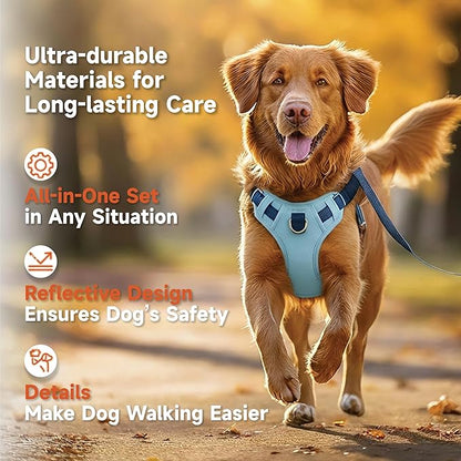 3 in 1 No Pull Dog Harness Leash and Collar Set, Soft Adjustable Dogs Vest Reflective and Comfortable Handle Blue X-Large