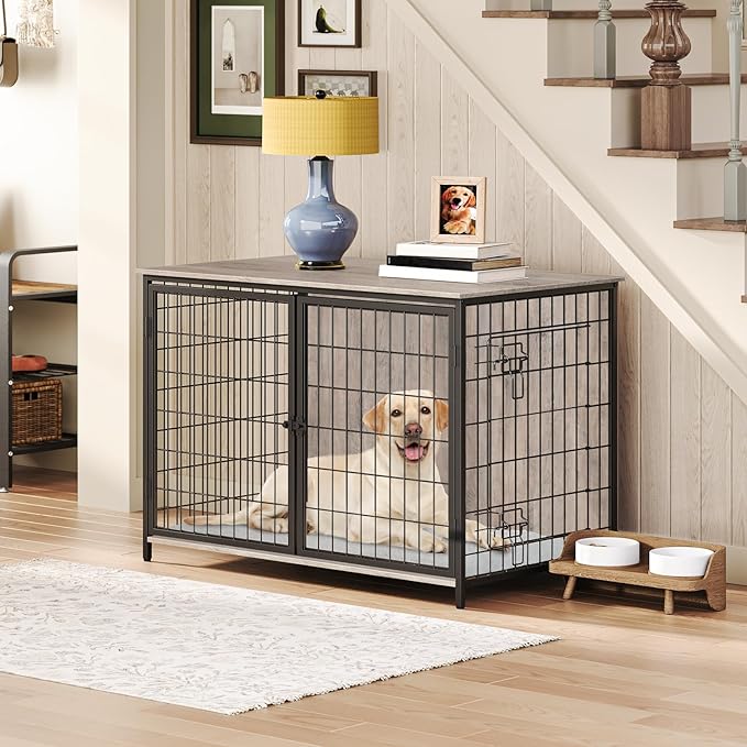 MAHANCRIS Dog Crate Furniture with Cushion, Wooden Dog Kennel with Double Doors, Heavy Duty Dog Cage for Small/Medium/Large Dogs, Indoor Dog House End Table, 39.4" L, Greige DCHG10701