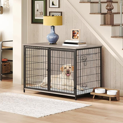 MAHANCRIS Dog Crate Furniture with Cushion, Wooden Dog Kennel with Double Doors, Heavy Duty Dog Cage for Small/Medium/Large Dogs, Indoor Dog House End Table, 39.4" L, Greige DCHG10701