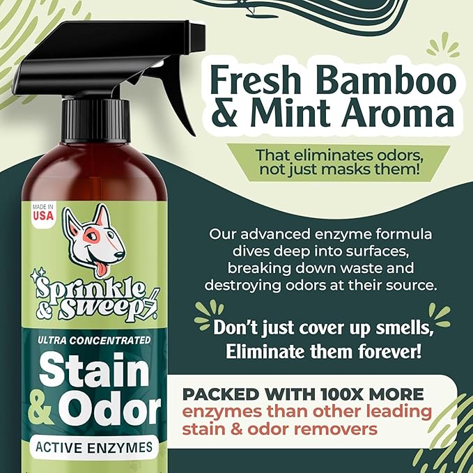Sprinkle & Sweep: Pet Mess & Odor Cleanup Bundle - 15oz Bag, Dustpan Broom, 24oz Enzyme Stain Spray - Dog Accident Clumping Powder & Spot Treatment