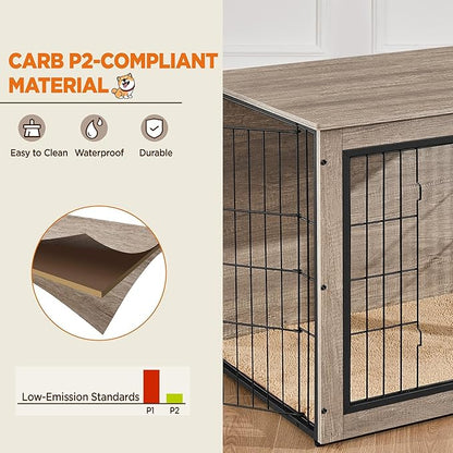 Yaheetech 38'' Dog Crate Furniture with Cushion Wooden Dog Crate with Double Doors/Adjustable Feet Side End Table for Medium/Large Dogs, 37.80" L x 25.59" W x 26.57" H