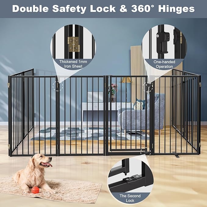Metal Freestanding Dog Gates with Door for Outdoor Indoor,160'' Extra Wide 36'' Tall Free Standing Dog Gate for Doorways,Large Openings,Deck,Yard,Porch,Foldable Pet Fence(Black,8 Panels)