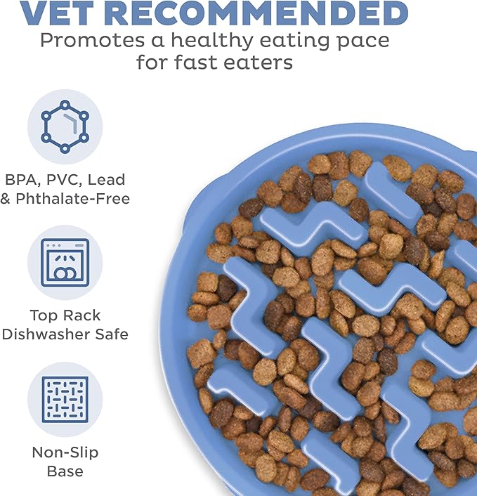 Outward Hound Fun Feeder Slo Bowl – Large 4‑Cup Capacity, Slow Feeding, Medium to Large Dogs, Non‑Slip, Blue, Notch Pattern