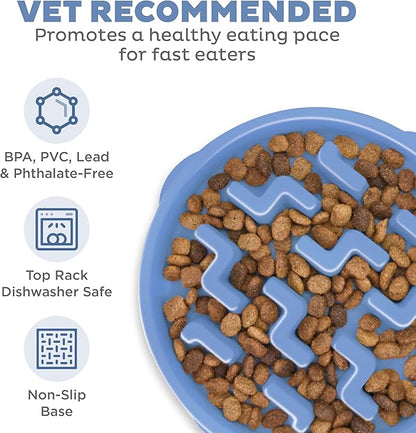 Outward Hound Fun Feeder Slo Bowl – Large 4‑Cup Capacity, Slow Feeding, Medium to Large Dogs, Non‑Slip, Blue, Notch Pattern