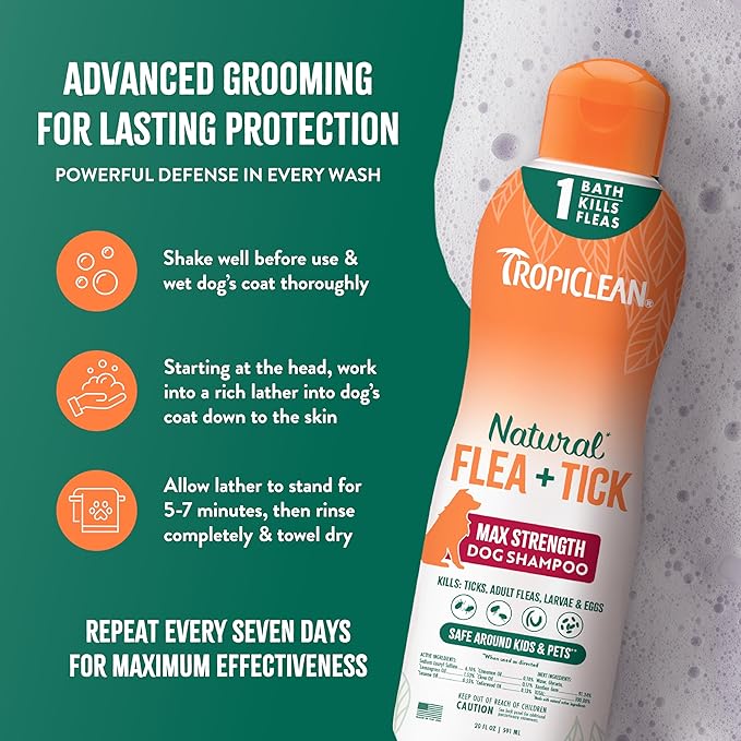 TropiClean Natural Flea & Tick Max Strength Shampoo & Bedding Spray Bundle, Dog Shampoo, Flea & Tick Treatment Protects & Repels - Made in USA