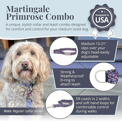 Lucky Love Dog Martingale Dog Collar & Leash - Adjustable, No-Slip, Durable, Comfortable, Soft Webbing, & Stylish Patterned Collar & Leash Set for Male and Female Dogs - Primrose Combo, Medium