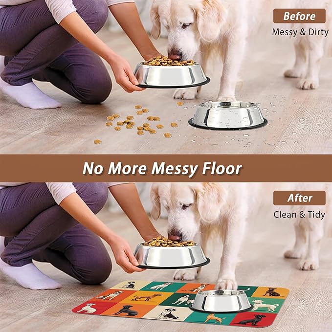 Cute Dog Cat Food Mat,Absorbent Pet Feeding Mat for Food and Water,Non-Slip Dog Bowl Mats Floor Protector 16"x24"