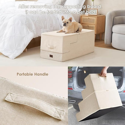 EHEYCIGA Dog Stairs for High Bed 25" H, 5-Step Extra Wide Dog Steps for Bed, Pet Steps for Small Dogs and Cats, Non-Slip Balanced Pet Ramp Indoor, Beige