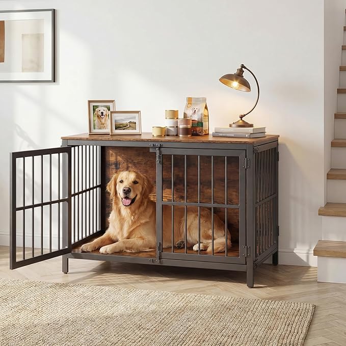 HOOBRO Heavy Duty Dog Crate Furniture, 39.4" Wooden Indoor Kennel with 3 Doors, Chew Resistant Metal Cage for Medium and Large Breeds, Dog Crate Side Table, Black and Rustic Brown BF101GW03