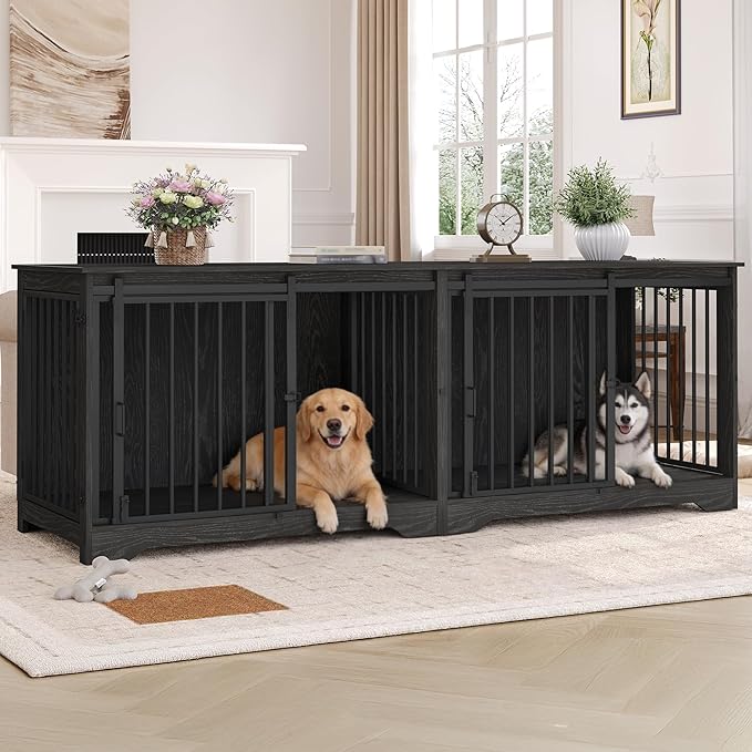Hzuaneri 78" Dog Crate Furniture for 2 Dogs, Double Dog Cage with Divider, Wooden Heavy Duty Dogs Kennel, Pet Cage with Barn Door, TV Stand for Large Small Medium Pet, Black DFC83704B