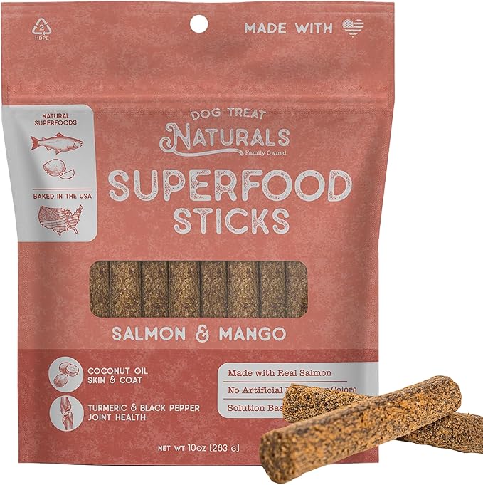 Dog Treat Naturals Superfood Sticks, Salmon & Mango, 10oz Bag | Dog Chew Sticks | All-Natural, Pet Training Treats | Joint-Skin-Coat Health | USA Made