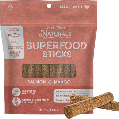 Dog Treat Naturals Superfood Sticks, Salmon & Mango, 10oz Bag | Dog Chew Sticks | All-Natural, Pet Training Treats | Joint-Skin-Coat Health | USA Made