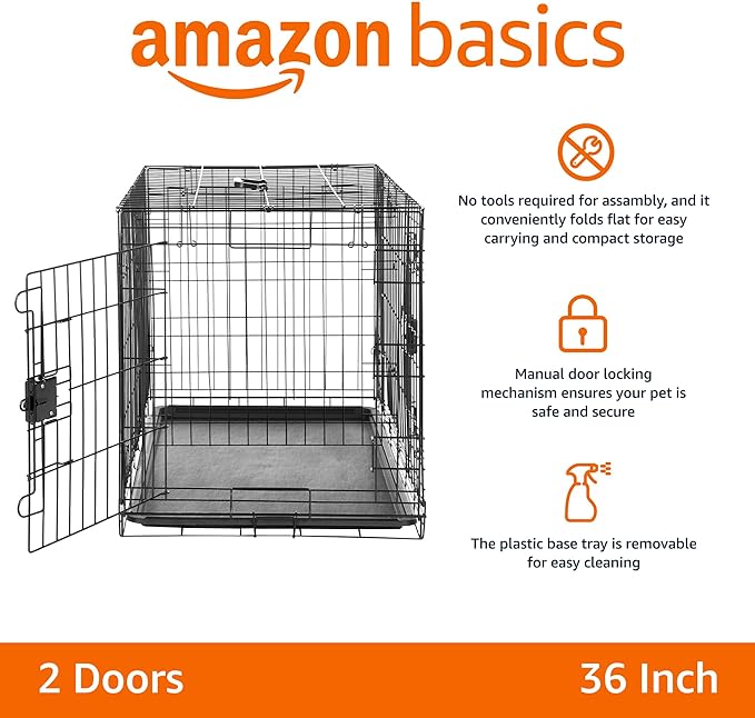 Amazon Basics Portable, Easy to Assemble, Foldable Metal Wire Dog Crate with Removable Tray, Double Door, Divider Panel, Handle, 36" x 23" x 25", Black