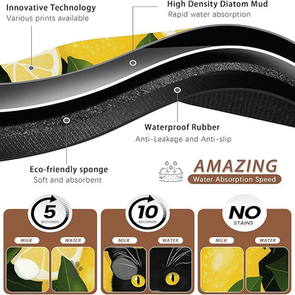 Black Cat Funny Dog Food Mat for Floors,Lemon Absorbent Pet Food and Water Bowl Mats,Non-Slip Pet Feeding Mat,Pet Supplies 16" x 24"