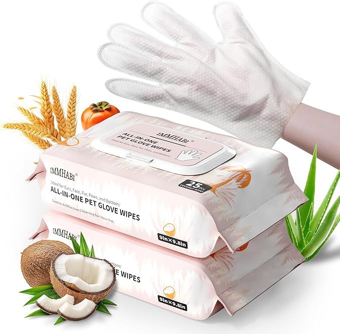IMMHABI 50 Pcs Cleaning Deodorizing Pet Glove Wipes for Dogs & Cats, Hypoallergenic Dog Bath Wipes with Natural Deodorizer Persimmon Tannin, Pet Bathing Wipes for Horse Coat Care Coconut Scent