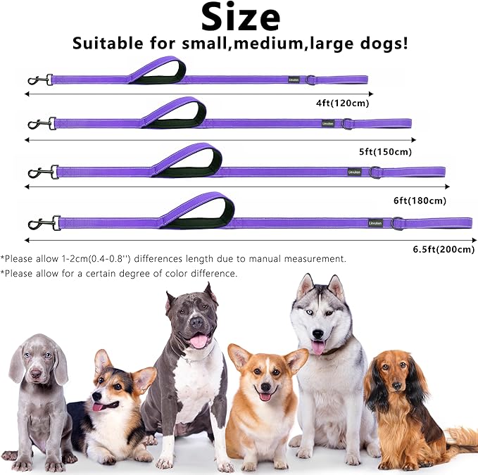 Dog Leash 4ft Long, Double Handle Dog Leash for Safety Control Training, Heavy Duty Dogs Leads with Traffic Padded Handles, Reflective Leashes for Small Medium Large Dogs(4ft, Purple)