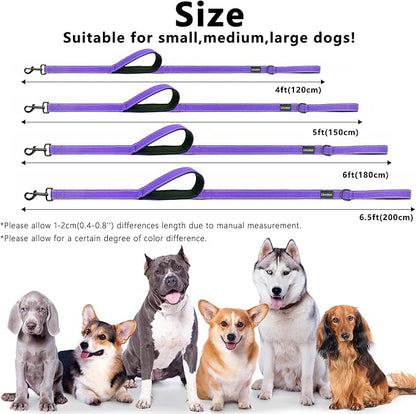 Dog Leash 4ft Long, Double Handle Dog Leash for Safety Control Training, Heavy Duty Dogs Leads with Traffic Padded Handles, Reflective Leashes for Small Medium Large Dogs(4ft, Purple)