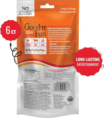 GOOD 'N' FUN Triple Flavor Twists with Bully Chews, High-Protein Dog Treat for All Adult Dogs, Made with Real Chicken, Beef Hide, Pork Hide, Bully & Beef Liver Flavor, 6 Count