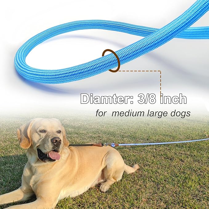 15FT Tie Out Rope Dog Lead, 3/8" Thick Long Dog Tether Nylon Check Cord for Medium Large Dogs Outdoor Camping Backyard of Leash Training Tie Down (Blue)