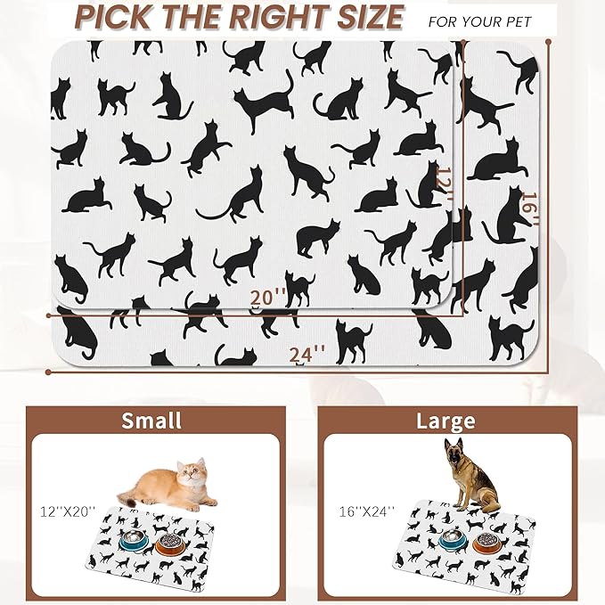 Funny Black Cat Dog Food Mat,Absorbent Pet Feeding Mat with Rubber Backing,Non-Slip Water Bowl Placemat,Indoor Pet Accessories Supplies 12"x20"