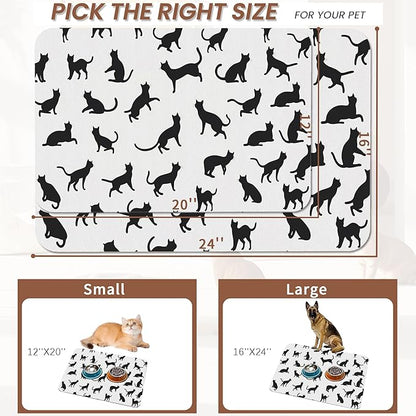 Funny Black Cat Dog Food Mat,Absorbent Pet Feeding Mat with Rubber Backing,Non-Slip Water Bowl Placemat,Indoor Pet Accessories Supplies 12"x20"