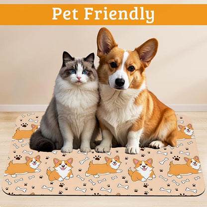 Corgi Feeding Mat,Cute Dogs Absorbent Quick-Dry Cat Dog Food and Water Bowl Mats,Non-Slip Rubber Backing Mat,Cat Dog Accessories Supplies 12" x 20"