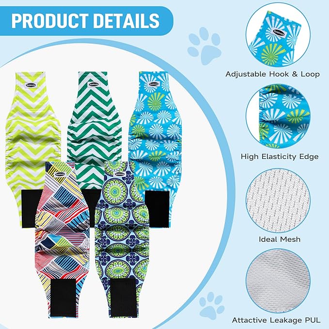 Male Dog Diapers, High Absorbing Dog Belly Bands for Male Dogs, Washable Reusable Dog Males Wraps(5 Pack)
