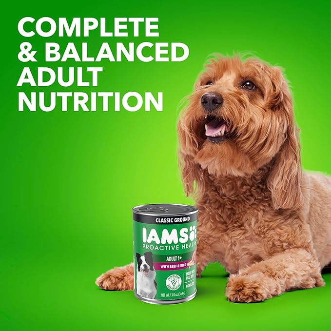 IAMS Proactive Health Wet Dog Food, Adult Wet Dog Food Multipack Ground Dinner, Beef & Rice, 13 oz. Cans (Pack of 12)