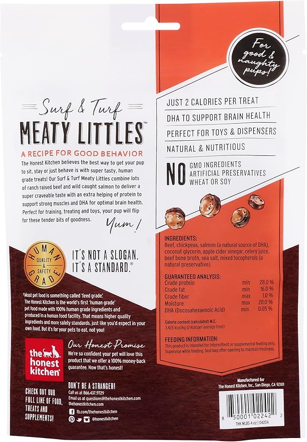 The Honest Kitchen Human Grade Dog Treats Surf & Turf Meaty Littles: Beef & Salmon Recipe, 4 oz Bag