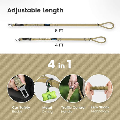 IOKHEIRA Multifunctional Dog Leash - 4-6 FT Strong Bungee, Car Seatbelt Compatible, Army Green