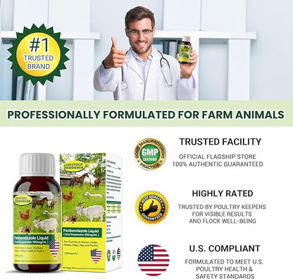Dewormer for Goat, Chickens, Horses, Sheep, Poultry & More, Fenbendazole for All Wormers, Tapeworms, Roundworms & Hookworms, 100 ml
